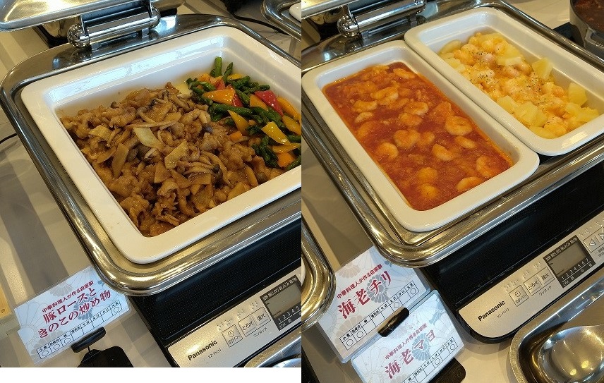 JR INN函館　朝食ビュッフェ　エビチリ　エビマヨ　豚ロースとキノコの炒め物