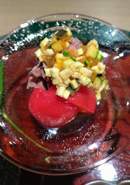 ホテルエミオン京都　有笑ランチ　八寸　ローストビーフ夏野菜のソース