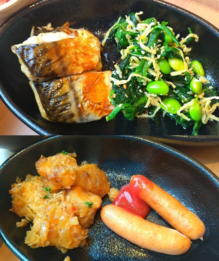 カンデオホテルズ熊本新市街　朝食ビュッフェ　炙り鯖、ほうれん草と枝豆の生塩麹和え、