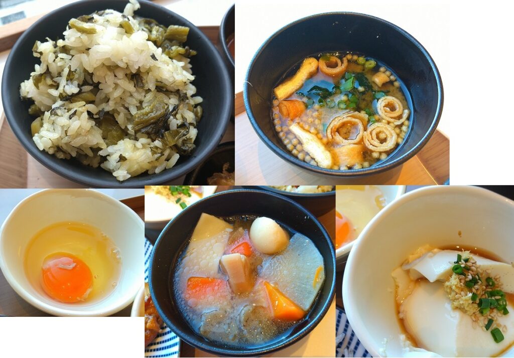 カンデオホテルズ熊本新市街　朝食ビュッフェ　高菜ご飯、みそ汁、生卵、だご汁、自家製豆腐