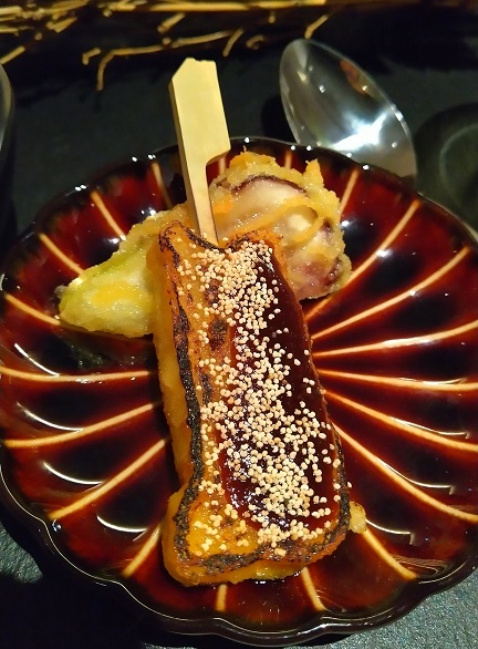 KYOTO GOJO ONO、THE BLOSSOM KYOTO、ディナーコース、super dinner course　博多とよみつひめの天麩羅　粟麩田楽