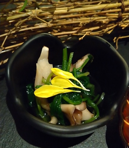KYOTO GOJO ONO、THE BLOSSOM KYOTO、ディナーコース、super dinner course　菊菜　焼舞茸のお浸し