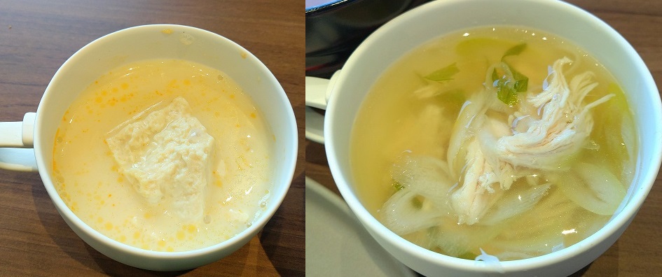ホテルグランコンソルト那覇　朝食ビュッフェ　日替わりスープ
台湾風おぼろ豆腐のスープ（シエンドウジャン）
蒸し鶏と生姜のナンプラー風スープ